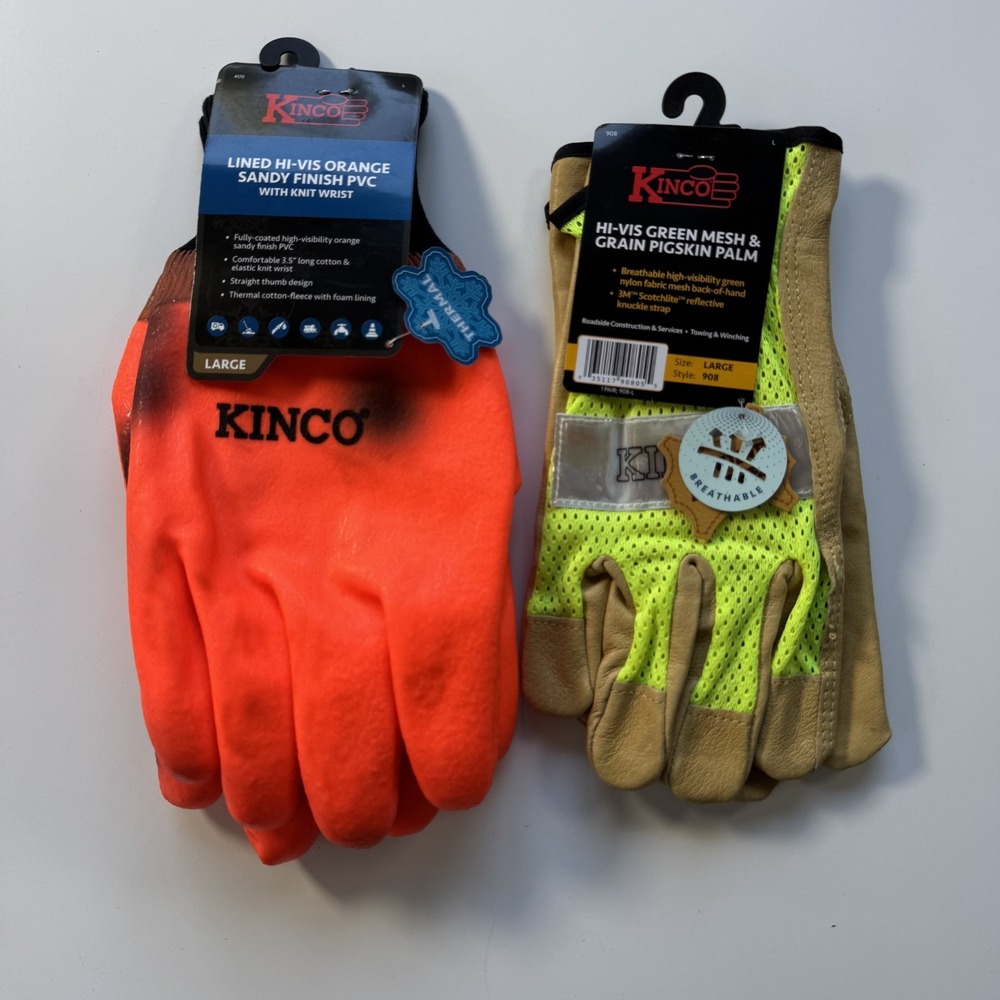 Lot of 2 KINCO Work Gloves Hi-Vis Mesh Grain Pigskin & Palm Sandy Finish PVC Lrg
